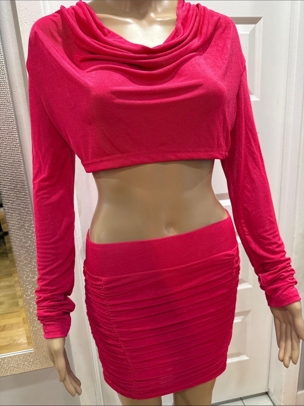 SHEIN Hot Pink Two-Piece Ruched Crop Top & Mini Skirt Set